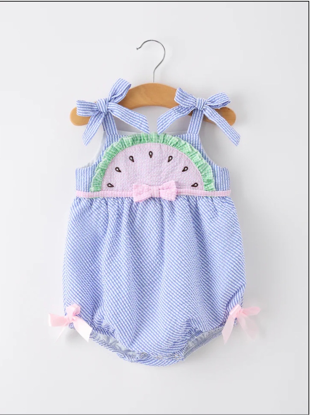 Blue Seersucker Baby Romper with Watermelon Applique and Pink Bows